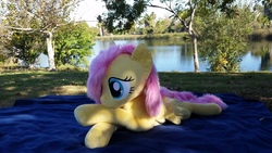 Size: 3264x1836 | Tagged: safe, artist:joltage, fluttershy, pegasus, pony, g4, blanket, crossed legs, female, irl, lake, lying down, outdoors, photo, plushie, solo