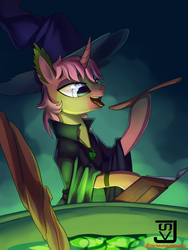 Size: 1500x2000 | Tagged: safe, artist:jedayskayvoker, oc, oc only, oc:almira, pony, book, cauldron, curved horn, halloween, holiday, horn, open mouth, solo, spellbook, tongue out, wooden spoon, ych result