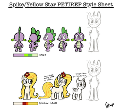 Size: 1280x1179 | Tagged: safe, artist:fimflamfilosophy, spike, oc, oc:yellowstar, pony, unicorn, fanfic:the star in yellow, mentally advanced series, rainbow dash presents, g4, female, filly, flower, flower in hair, looking at you, reference sheet, size comparison, smiling, text
