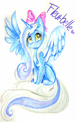 Size: 1456x2300 | Tagged: safe, artist:maryus3908, oc, oc only, oc:fleurbelle, alicorn, pony, alicorn oc, bow, commission, hair bow, heart, heart eyes, looking up, sitting, smiling, solo, spread wings, traditional art, wingding eyes, wings
