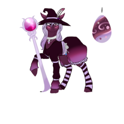 Size: 1000x1000 | Tagged: safe, artist:kimyowolf, oc, oc only, earth pony, pony, clothes, egg, female, hat, mare, simple background, socks, solo, staff, striped socks, transparent background, witch hat