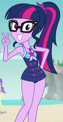 Size: 471x906 | Tagged: safe, screencap, sci-twi, starlight, twilight sparkle, human, equestria girls, equestria girls specials, g4, my little pony equestria girls: better together, my little pony equestria girls: forgotten friendship, beach, beautiful, clothes, cropped, cute, cutie mark, cutie mark on clothes, female, geode of empathy, geode of fauna, geode of shielding, geode of sugar bombs, geode of super speed, geode of super strength, geode of telekinesis, glasses, hand on hip, magical geodes, meganekko, ocean, one-piece swimsuit, peace sign, ponytail, pose, rock horse, sand, sci-twi swimsuit, sky, smiling, solo focus, sultry pose, swimsuit, thighs