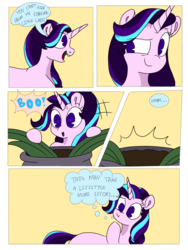 Size: 1024x1365 | Tagged: safe, artist:doodletheexpoodle, starlight glimmer, pony, unicorn, comic:magic mayhem, comic, dialogue, female, hide and seek, parent:starlight glimmer, plant, solo