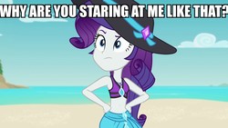 Size: 1920x1080 | Tagged: safe, edit, edited screencap, screencap, rarity, equestria girls, equestria girls series, forgotten friendship, g4, belly button, bikini, bikini top, clothes, female, geode of empathy, geode of shielding, geode of sugar bombs, geode of super speed, geode of super strength, geode of telekinesis, hand on hip, hat, image macro, jewelry, magical geodes, meme, midriff, necklace, sarong, solo, sun hat, swimsuit, text