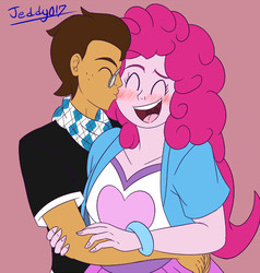 Size: 475x500 | Tagged: safe, artist:jeddy017-vz, pinkie pie, oc, oc:copper plume, equestria girls, g4, blushing, canon x oc, cheek kiss, clothes, commissioner:imperfectxiii, copperpie, eyes closed, freckles, glasses, hug, kissing, neckerchief, shipping, shirt, smiling, wristband