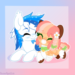 Size: 3000x3000 | Tagged: safe, artist:dreamyeevee, oc, oc:baby cakes, oc:cobalt swift, bat pony, duo, eyes closed, flower, high res