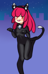 Size: 601x920 | Tagged: safe, artist:drantyno, apple bloom, human, equestria girls, g4, animal costume, bell, bell collar, cat bell, cat costume, cat ears, catsuit, city, clothes, collar, costume, cute, female, halloween, halloween costume, looking at you, open mouth, pose, raised leg, solo