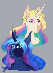Size: 1397x1908 | Tagged: safe, artist:blackblood-queen, princess celestia, princess luna, alicorn, bat pony, anthro, g4, alternate design, alternate universe, curved horn, duo, ear fluff, ethereal mane, fangs, female, frown, horn, mare, multicolored mane, royal sisters, serious, siblings, simple background, sisters, slit pupils, species swap, starry mane