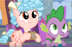 Size: 597x392 | Tagged: safe, screencap, cozy glow, spike, dragon, pegasus, pony, g4, school raze, backpack, cozy glow is best facemaker, cozybetes, cute, duo, duo male and female, female, filly, foal, male, smiling, spikabetes, winged spike, wings