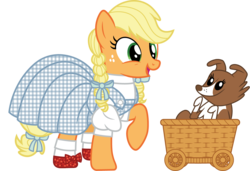 Size: 1169x800 | Tagged: safe, artist:cloudy glow, applejack, winona, dog, earth pony, pony, g4, basket, border collie, clothes, cosplay, costume, cute, dorothy gale, duo, duo female, female, jackabetes, mare, simple background, smiling, the wizard of oz, toto, transparent background, unmoving plaid, winonabetes