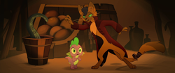 Size: 1920x804 | Tagged: safe, screencap, capper dapperpaws, spike, abyssinian, cat, dragon, anthro, g4, my little pony: the movie, chest fluff, claws, clothes, coat, jacket, male, paws, pot, scared, tail, tentacles