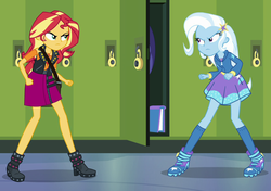 Size: 1110x783 | Tagged: safe, screencap, sunset shimmer, trixie, equestria girls, equestria girls specials, g4, my little pony equestria girls: better together, my little pony equestria girls: forgotten friendship, boots, clothes, female, geode of empathy, high heel boots, lockers, looking at each other, magical geodes, shoes, skirt