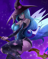 Size: 1800x2232 | Tagged: safe, artist:foughtdragon01, queen chrysalis, changeling, changeling queen, anthro, g4, belly button, breasts, broom, busty queen chrysalis, butt, cleavage, clothes, fangs, female, flying, flying broomstick, forked tongue, jewelry, looking at you, pendant, plot, socks, solo, thigh highs, tongue out, witch