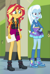 Size: 592x876 | Tagged: safe, screencap, sunset shimmer, trixie, equestria girls, equestria girls specials, g4, my little pony equestria girls: better together, my little pony equestria girls: forgotten friendship, cropped, duo, female, geode of empathy, magical geodes