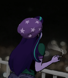 Size: 800x916 | Tagged: safe, artist:bushbuck93, starlight glimmer, equestria girls, equestria girls specials, g4, my little pony equestria girls: mirror magic, beanie, beanie hat, cigarette, city, female, hat, night, solo