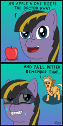 Size: 2000x4002 | Tagged: safe, artist:paw-of-darkness, applejack, oc, pony, g4, apple, baseball bat, food, text