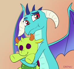 Size: 1000x933 | Tagged: safe, artist:empyu, princess ember, thorax, changedling, changeling, dragon, g4, :t, crush plush, cute, dragoness, emberbetes, female, implied embrax, implied shipping, implied straight, king thorax, plushie, simple background, snuggling, solo