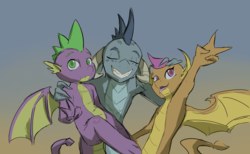Size: 3300x2028 | Tagged: safe, artist:double-zr-tap, princess ember, smolder, spike, dragon, g4, dragoness, eyes closed, female, gradient background, high res, looking at you, male, peace sign, smiling, winged spike, wings
