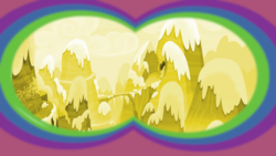 Size: 1440x810 | Tagged: safe, screencap, g4, the cutie map, balloon, balloon binoculars, balloon vision, mountain, natural bridge, no pony, snow