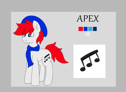 Size: 1717x1247 | Tagged: safe, artist:itwasscatters, oc, oc:apex soundwave, earth pony, pony, clothes, male, music notes, reference sheet, simple background, solo, stallion