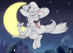 Size: 3260x2370 | Tagged: safe, artist:taneysha, cat, broom, clothes, commission, flying, flying broomstick, halloween, hat, high res, holiday, moon, socks, solo, striped socks, witch hat, your character here