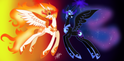 Size: 2212x1096 | Tagged: safe, artist:mlp004ninintv, daybreaker, nightmare moon, alicorn, pony, g4, duo, female, grin, mare, sisters, smiling