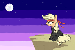 Size: 2700x1800 | Tagged: safe, alternate version, artist:heir-of-rick, applejack, earth pony, pony, g4, bandana, big ears, bodysuit, cliff, clothes, description is relevant, female, hay stalk, mare, metal gear, metal gear solid, moon, night, sitting, slurpee, sneaking suit, solo, stars, straw in mouth, sunset, torn clothes