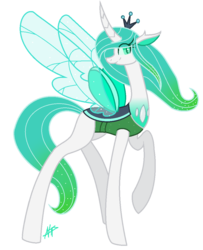 Size: 880x1082 | Tagged: safe, artist:mlp004ninintv, queen chrysalis, changedling, changeling, changeling queen, g4, female, purified chrysalis, raised hoof, signature, simple background, smiling, solo, spread wings, transparent background, wings