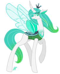 Size: 880x1082 | Tagged: safe, artist:mlp004ninintv, queen chrysalis, changedling, changeling, changeling queen, g4, a better ending for chrysalis, female, if only, purified chrysalis, raised hoof, signature, simple background, smiling, solo, spread wings, transparent background, what if, wings