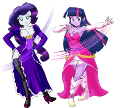Size: 3185x2840 | Tagged: safe, artist:danmakuman, edit, editor:backgroundlol, rarity, twilight sparkle, human, equestria girls, g4, armpits, boots, breasts, cleavage, clothes, costume, dress, duo, female, high heel boots, high heels, high res, lesbian, request, ship:rarilight, shipping, shoes, simple background, white background
