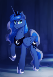 Size: 1046x1499 | Tagged: safe, artist:anticular, princess luna, alicorn, pony, g4, crown, female, grin, hoof shoes, jewelry, looking at you, mare, peytral, raised eyebrow, raised hoof, regalia, smiling, solo