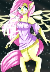 Size: 1280x1864 | Tagged: safe, artist:lucaaegus, fluttershy, anthro, g4, flying, glowing, glowing wings, night, purple