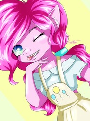 Size: 1280x1714 | Tagged: safe, artist:lucaaegus, pinkie pie, earth pony, anthro, g4, cute, one eye closed, overalls, pink, pinkie winkie, selfie, wink