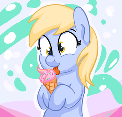 Size: 2599x2480 | Tagged: safe, artist:aemuhn, derpy hooves, pony, g4, abstract background, eating, female, food, high res, ice cream, licking, mare, solo, tongue out, wingless