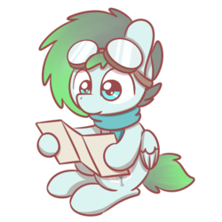 Size: 1280x1280 | Tagged: safe, artist:sugar morning, oc, oc only, oc:gryph xander, pegasus, pony, chibi, clothes, cute, goggles, map, reading, scarf, simple background, sitting, solo, transparent background