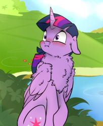 Size: 638x782 | Tagged: safe, artist:rutkotka, edit, twilight sparkle, alicorn, pony, g4, :i, adorkable, blushing, chest fluff, cropped, cute, dork, embarrassed, floppy ears, fluffy, pond, ruffled feathers, scenic background, twiabetes, twilight sparkle (alicorn), weapons-grade cute