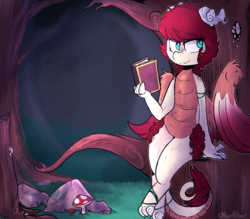 Size: 1975x1727 | Tagged: safe, artist:urbanqhoul, oc, oc only, oc:eri rebecula, bird, dracaven, dragon, original species, book, claws, crossed legs, feather, forest, green eyes, horn, large wings, leaning, mischievous, mushroom, red hair, solo, tail, tree, vine, wings