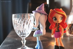 Size: 6000x4000 | Tagged: safe, artist:artofmagicpoland, sunset shimmer, trixie, equestria girls, g4, my little pony equestria girls: better together, caught, doll, equestria girls minis, eqventures of the minis, female, lesbian, looking at you, pushing, ship:suntrix, shipping, toy