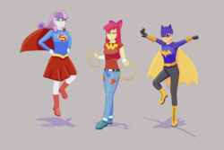 Size: 1500x1000 | Tagged: safe, artist:jongoji245, apple bloom, scootaloo, sweetie belle, human, g4, batgirl, crossover, cutie mark crusaders, female, humanized, super best friends forever, supergirl, trio, trio female, wonder girl