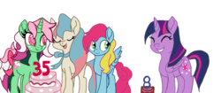 Size: 1280x536 | Tagged: safe, artist:mjangelvortex, derpibooru exclusive, eve (g2), fizzy, thistle whistle, twilight sparkle, alicorn, earth pony, pegasus, pony, twinkle eyed pony, unicorn, g1, g2, g3, g4, 35th anniversary, bow, cake, digital art, eyes closed, food, happy, happy birthday mlp:fim, mlp fim's eighth anniversary, neck bow, ribbon, simple background, smiling, tail bow, transparent background, twilight sparkle (alicorn)