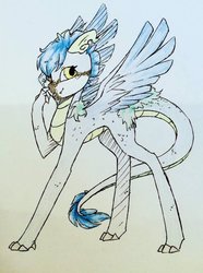 Size: 732x982 | Tagged: safe, artist:nightskycc, oc, oc only, bird, dracaven, dragon, original species, claws, horns, long tail, solo, tongue out, traditional art, wings