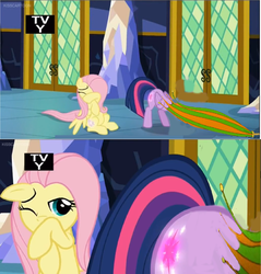 Size: 1586x1662 | Tagged: safe, edit, edited screencap, screencap, fluttershy, twilight sparkle, alicorn, pony, g4, the hooffields and mccolts, ass up, cowering, duo, glowing cutie mark, stuck, twilight sparkle (alicorn), twilight's castle, umbrella