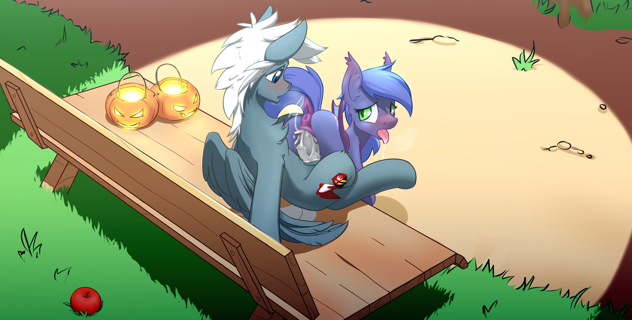 1864999 - explicit, artist:derpydash, derpibooru exclusive, oc, oc only,  oc:draco, oc:shemi, bat pony, pony, pony town, anus, apple, bat pony oc,  bench, dock, exhibitionism, female, food, lantern, looking back, male,  mare, nudity,