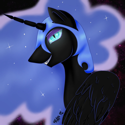Size: 1000x1000 | Tagged: safe, artist:kensynvalkry, nightmare moon, alicorn, pony, g4, abstract background, bust, female, helmet, mare, smiling, solo