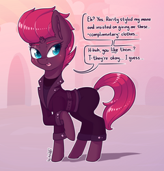 Size: 1798x1872 | Tagged: safe, artist:dsp2003, fizzlepop berrytwist, tempest shadow, pony, unicorn, g4, 30 minute art challenge, alternate hairstyle, blushing, broken horn, clothes, cute, dialogue, female, horn, jacket, mare, open mouth, pants, pompadour, signature, single panel, solo