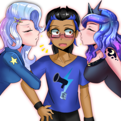 Size: 600x600 | Tagged: safe, artist:tzc, princess luna, trixie, oc, oc:thunderspeak, human, g4, breasts, busty princess luna, canon x oc, clothes, commission, cute, dress, eyes closed, female, hoodie, humanized, humanized oc, imminent kissing, lucky bastard, male, pants, shipping, shirt, straight