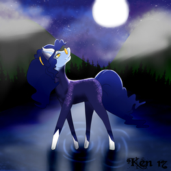 Size: 2000x2000 | Tagged: safe, artist:kensynvalkry, oc, oc only, pony, cloud, contest prize, high res, moon, night, signature, solo, water