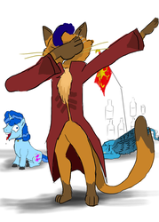 Size: 1000x1400 | Tagged: safe, artist:horsesplease, capper dapperpaws, gallus, party favor, abyssinian, anthro, g4, my little pony: the movie, annoyed, chest fluff, clothes, coat, dab, disappointed, drunk, flag, i didn't listen, loss (meme), male, paint tool sai, pun, upset