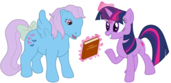 Size: 3431x1670 | Tagged: safe, artist:exhumed legume, derpibooru exclusive, twilight sparkle, wind whistler, pegasus, pony, unicorn, g1, g4, 35th anniversary, book, bow, duo, duo female, female, magic, mare, open mouth, simple background, smiling, tail bow, telekinesis, that pony sure does love books, trace, transparent background, unicorn twilight