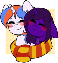 Size: 1627x1753 | Tagged: safe, artist:grapegrass, oc, oc only, oc:free quill, oc:nova aurora, pony, unicorn, blushing, clothes, collar, couple, cuddling, cute, female, floppy ears, glasses, male, mare, multicolored hair, qurora, scarf, shared clothing, shared scarf, simple background, stallion, transparent background, ych result